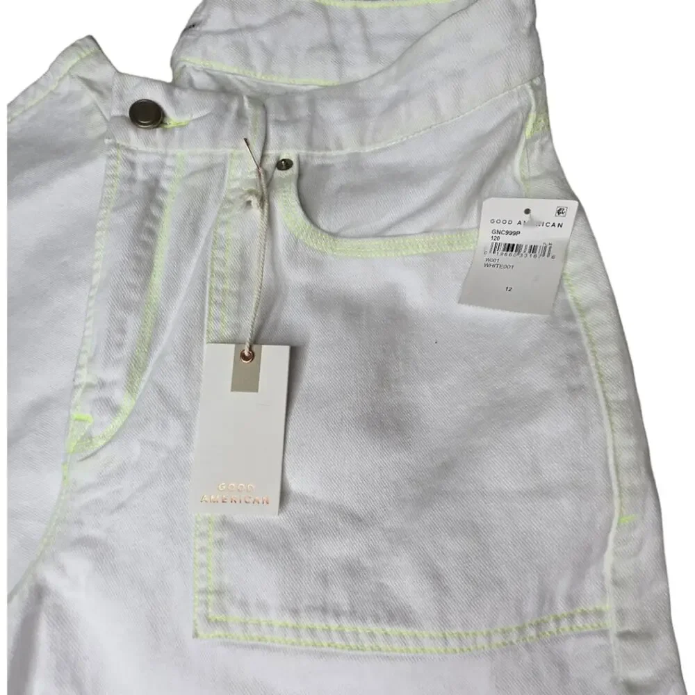 NWT Good American Good 90s Loose Fit‎ Carpenter Jeans White w/ Lime Stitching 12